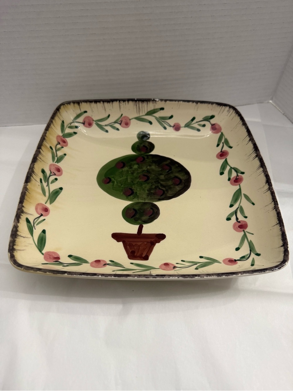 Vintage Maxam Sonoma Italy Square Ceramic Serving Platter Plate Topiary Olive